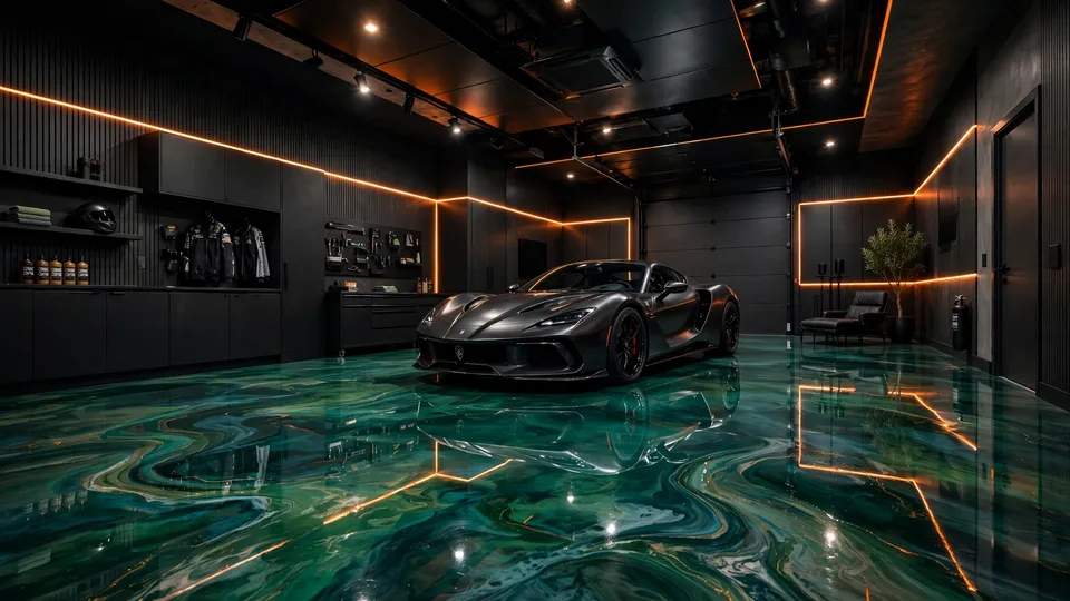 Finished garage with a glossy emerald green metallic epoxy floor, sports car, dark walls, and orange lighting