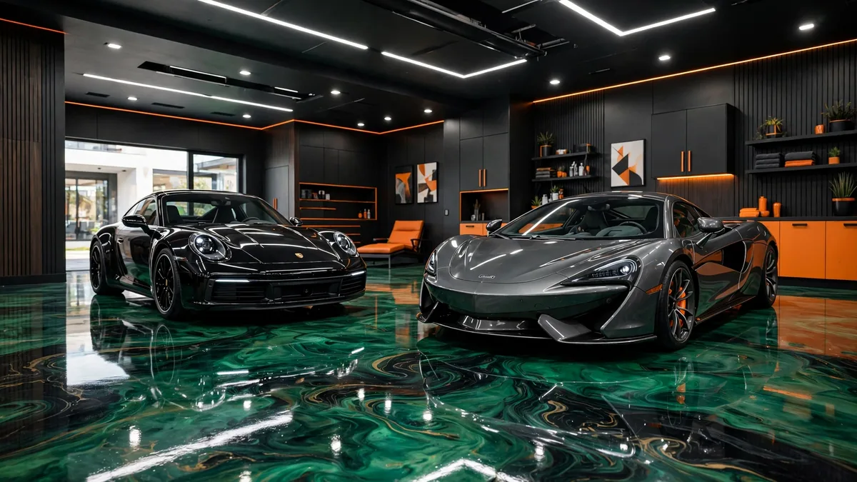 Premium commercial showroom with a glossy emerald epoxy floor