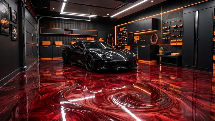 Finished modern garage showroom with a rich red metallic epoxy floor