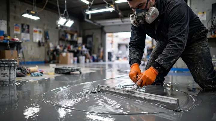 Worker applying a glossy epoxy coating with a roller