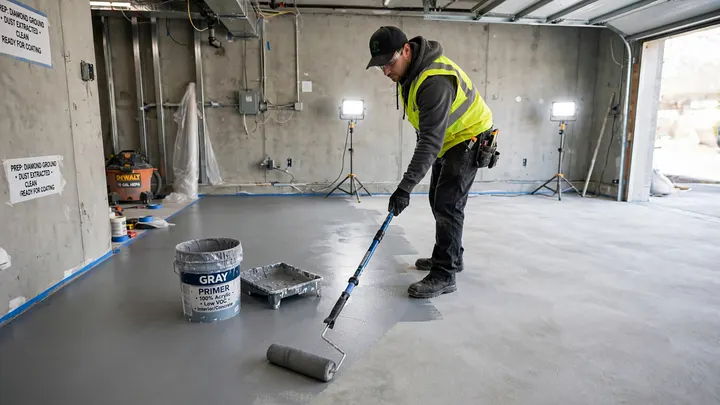 Worker rolling primer across a prepared concrete garage floor